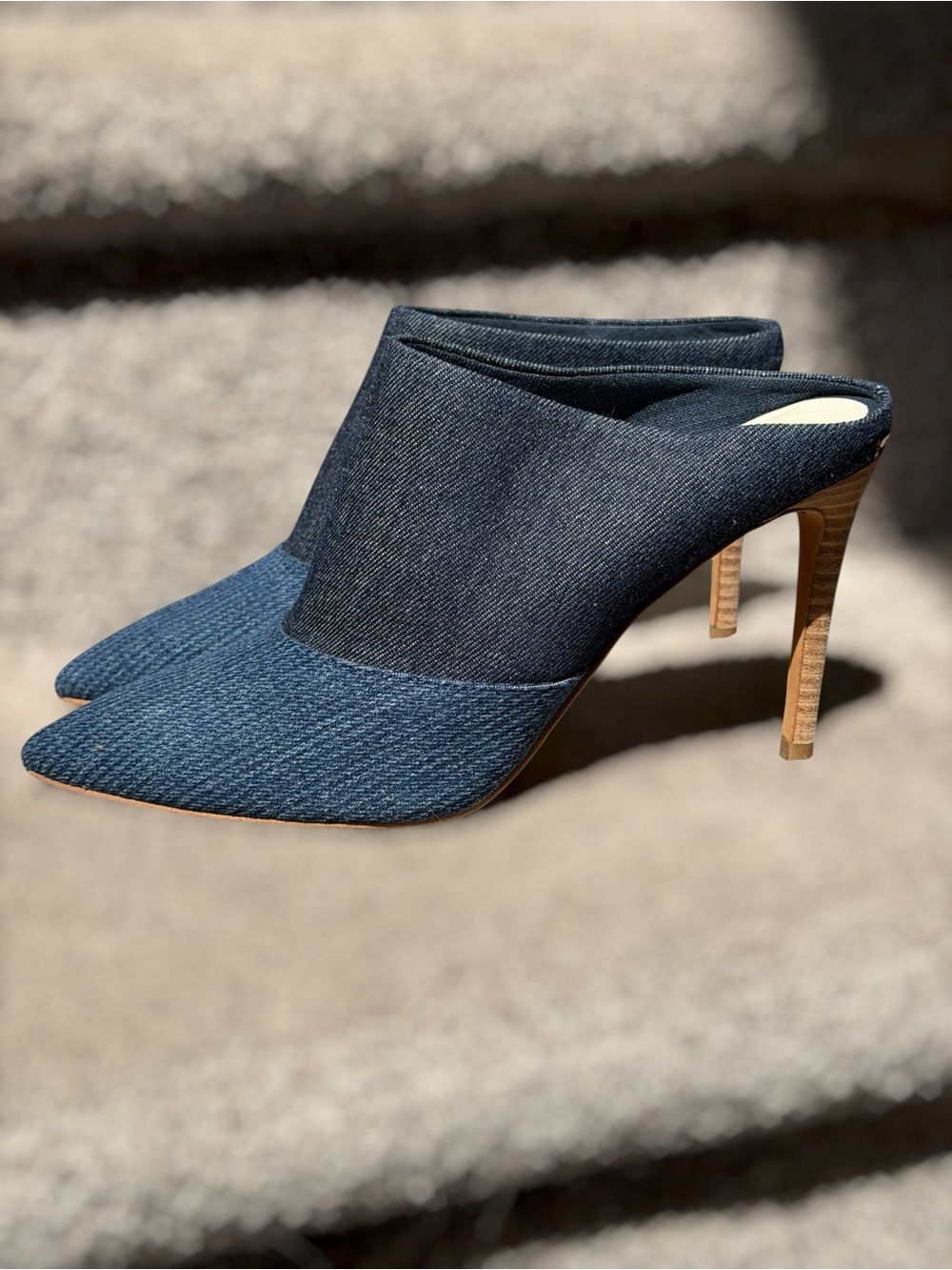 Dolce Vita Cinda Denim Pointed Toe Mule Heels‎ Slip On Stiletto Minimalist Chic